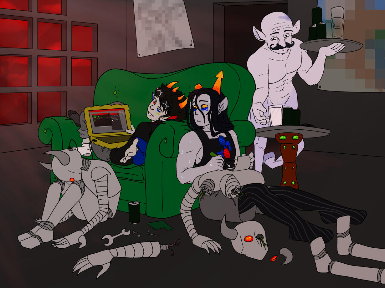 Experimental ship art of Homestuck characters Sollux Captor and Equius Zahhak, featuring the ladders Lussus; Aurthour.